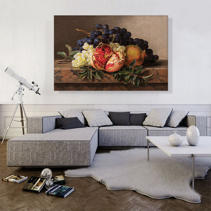 Pomegranates Green And Blue Grapes On Marble Frame