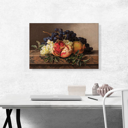 Pomegranates Green And Blue Grapes On Marble Frame
