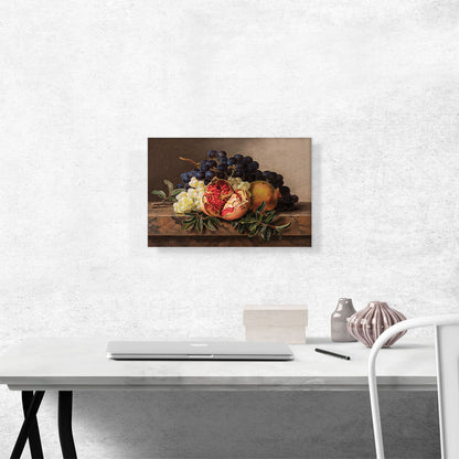 Pomegranates Green And Blue Grapes On Marble Frame