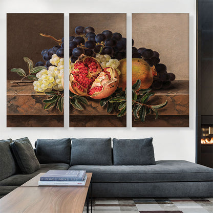 Pomegranates Green And Blue Grapes On Marble Frame