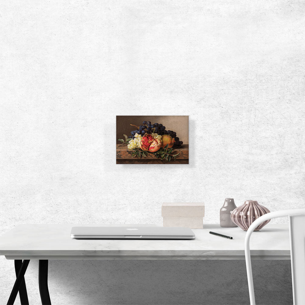 Pomegranates Green And Blue Grapes On Marble Frame