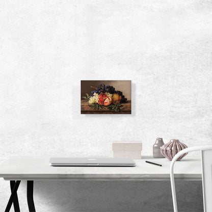 Pomegranates Green And Blue Grapes On Marble Frame