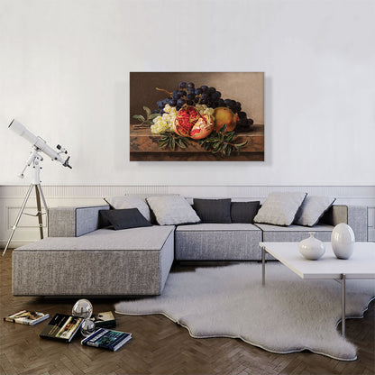 Pomegranates Green And Blue Grapes On Marble Frame