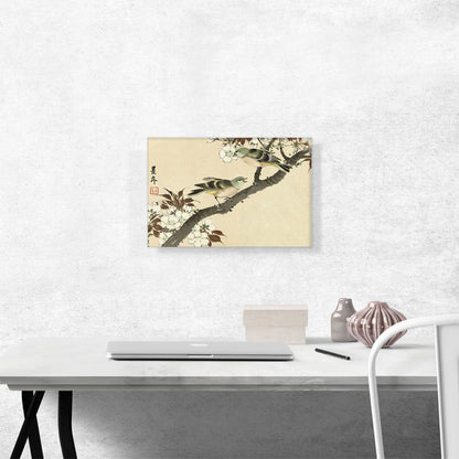 Two Green Birds On Blossom Branch 1892