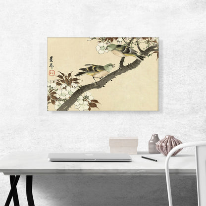 Two Green Birds On Blossom Branch 1892