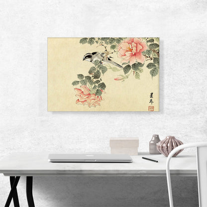 Black And White Bird Among Pink Roses 1892