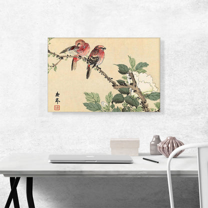 Illustration Of Two Red Birds And White Flower 1892