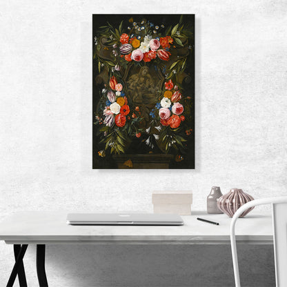 A Garland Of Flowers Around Stone Cartouche Depicting Virgin And Child Saint John