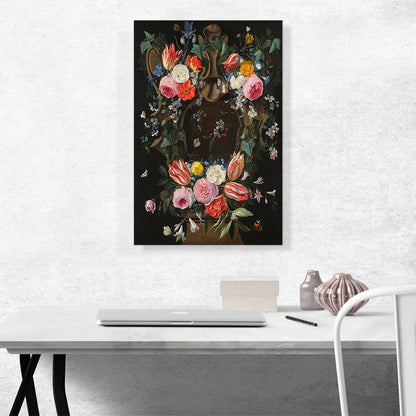 Ivy Covered Sculpted Cartouche Adorned Flowers Including Roses Tulips Lillies