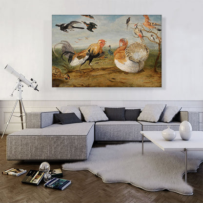 Landscape With Cockerel Turkey Squabbling And Other Fowl