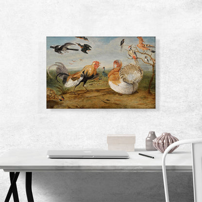 Landscape With Cockerel Turkey Squabbling And Other Fowl