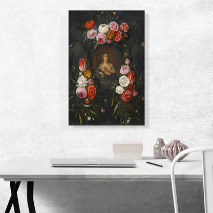 Saint Mary Magdalene in a Stone Cartouche Surrounded Flowers