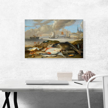 Still Life Fish Harbor Landscape Allegory Of Element Water 1660