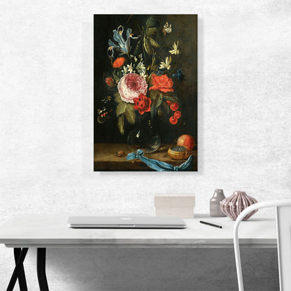 Still Life Flowers Glass Vase Red Admiral Butterfly Bee Insects Pocket Watch