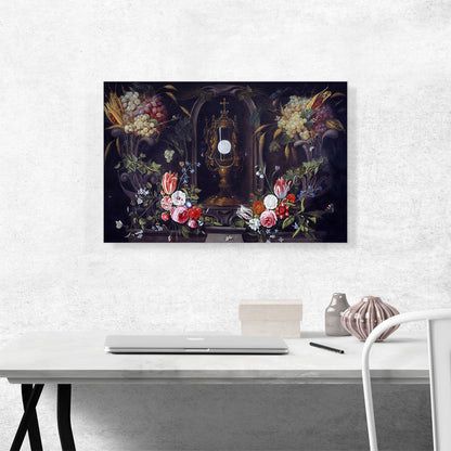 Still Life Flowers Grapes Encircling a Monstrance In a Niche