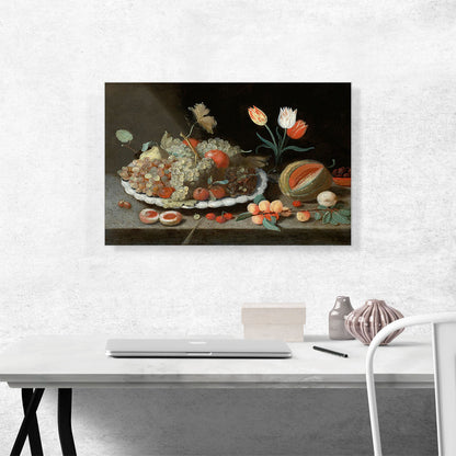 Still Life Grapes Fruit Platter Glass Vase Tulips Melon Apricots Cherries On Ledge