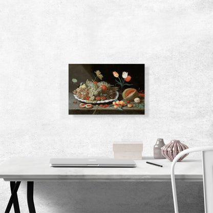 Still Life Grapes Fruit Platter Glass Vase Tulips Melon Apricots Cherries On Ledge