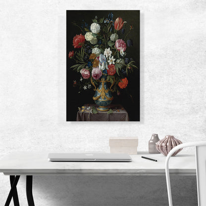 Still Life Irises Peonies Narcissi Tulip Flowers Blue White Porcelain Vase