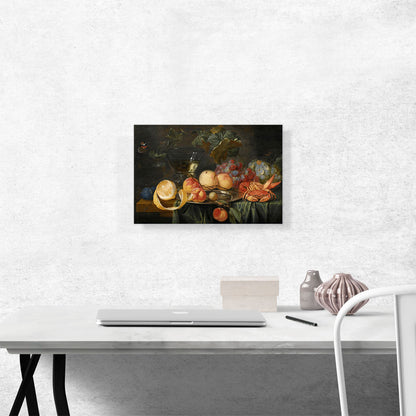 Still Life Peaches Plums Grapes Lemon Crab Lobster Glass Roemer On Table