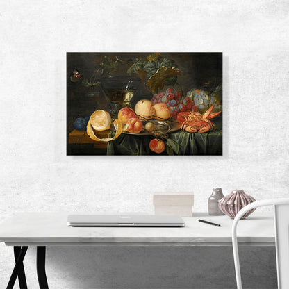 Still Life Peaches Plums Grapes Lemon Crab Lobster Glass Roemer On Table
