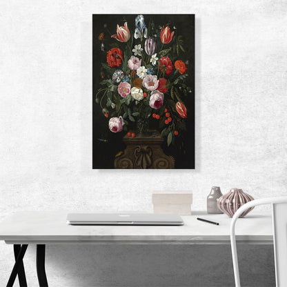 Still Life Tulips Roses Whitish Iris Cherries Peas Flowers Surrounded Insects