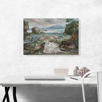 A Still Life Of Fish On a Beach With a Seal And An Otter