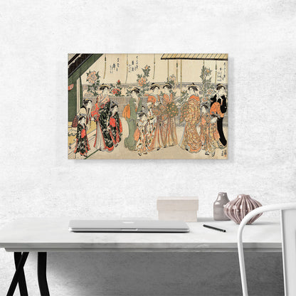 Courtesans of Yoshiwara Attendants Viewing Peonies Nakanocho