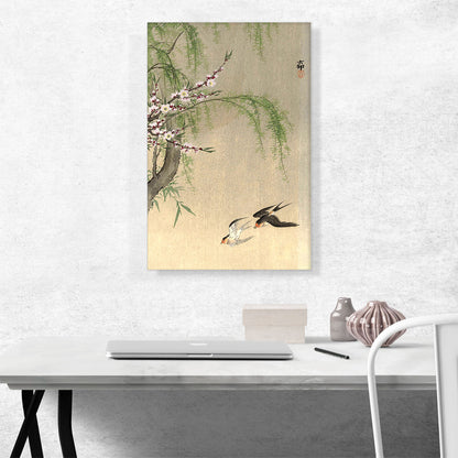 Two Barn Swallows in Flight With Willow Branch and Flowering Cherry