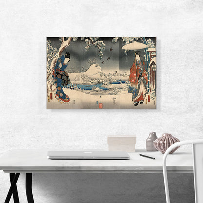 Snowy Landscape With a Woman Brandishing a Broom and a Man Holding an Umbrella