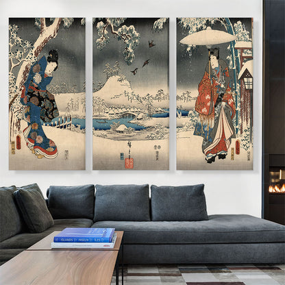 Snowy Landscape With a Woman Brandishing a Broom and a Man Holding an Umbrella