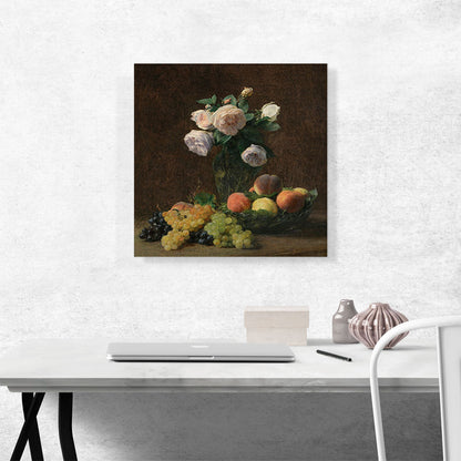Dead Nature Vase Of Roses Peaches And Grapes 1894