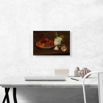 Still Life Of Big Strawberries And Roses