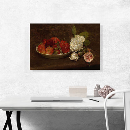 Still Life Of Big Strawberries And Roses