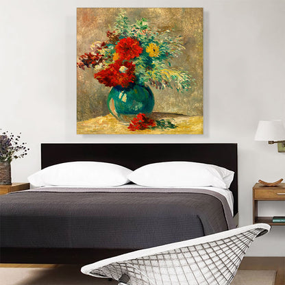 Green Vase With Multicolor Flowers Village Near River