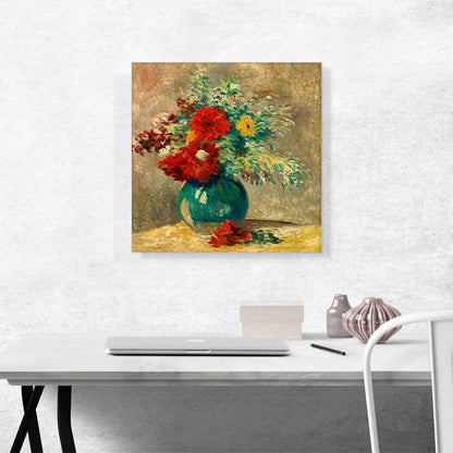Green Vase With Multicolor Flowers Village Near River