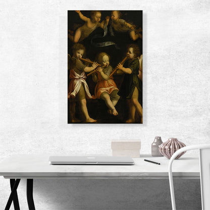 Three Flute Playing Angels With Two Putti Flight Above