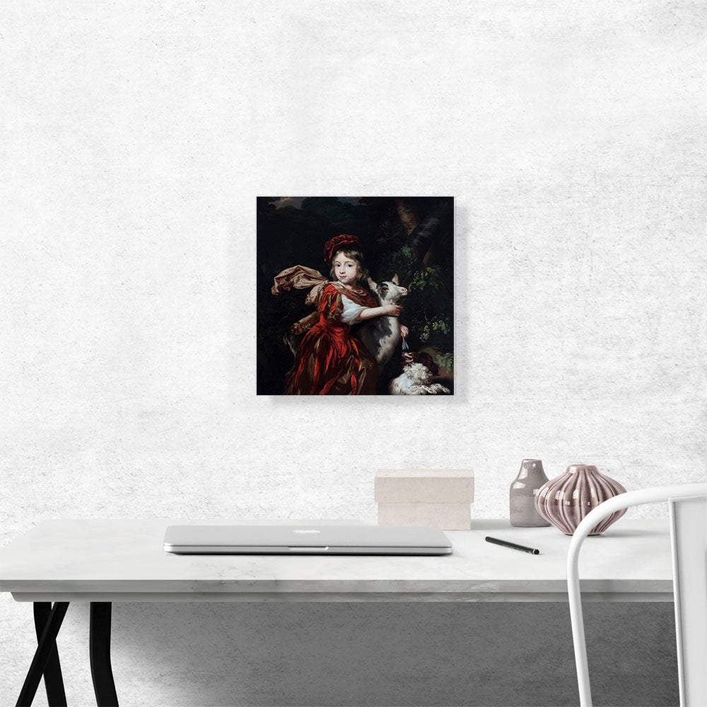 Portrait Of Young Boy Together Goat Dog In Landscape