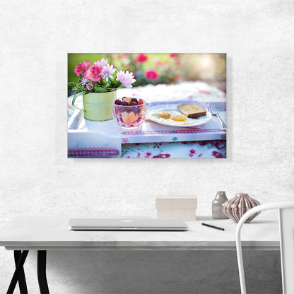 Morning Breakfast with Eggs Fruits and Flowers Restaurant Decor