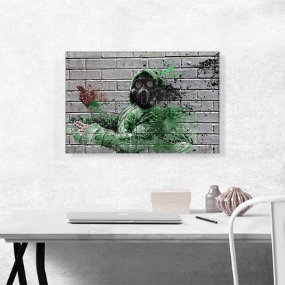 Gas Mask Man on Brick Wall Graffiti