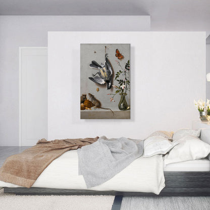Still Life Songbird Butterflies Mice Eating Walnuts Flowers Vase On Stone Ledge