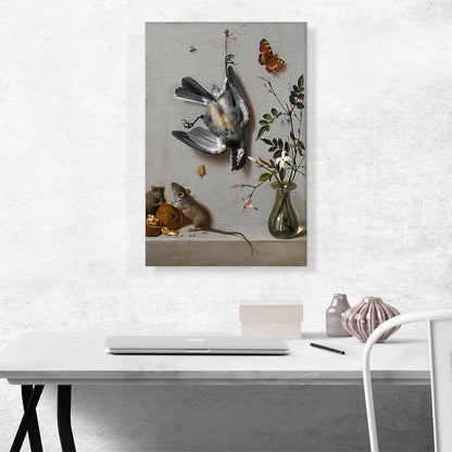 Still Life Songbird Butterflies Mice Eating Walnuts Flowers Vase On Stone Ledge