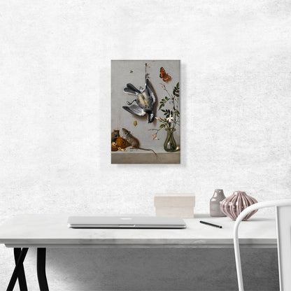Still Life Songbird Butterflies Mice Eating Walnuts Flowers Vase On Stone Ledge