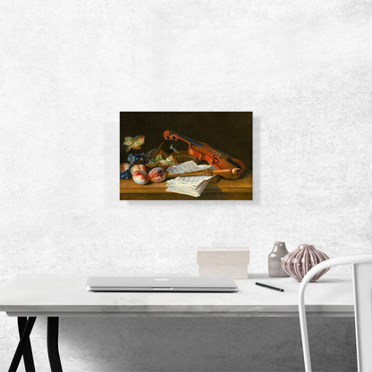 Still Life Violin Recorder Books Portfolio Sheet Of Music Peaches Grapes On Table Top