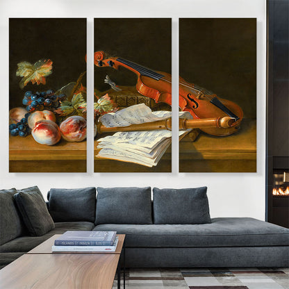 Still Life Violin Recorder Books Portfolio Sheet Of Music Peaches Grapes On Table Top