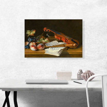 Still Life Violin Recorder Books Portfolio Sheet Of Music Peaches Grapes On Table Top