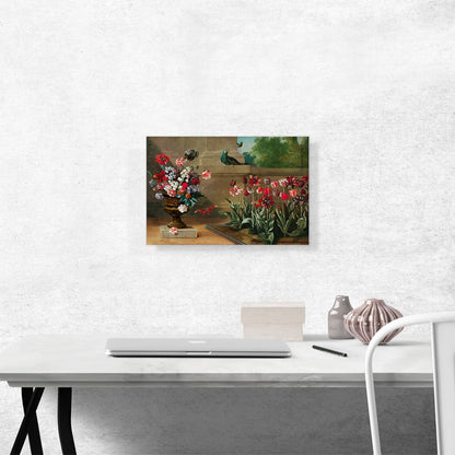Vase Of Flowers With a Bed Of Tulips a Parrot And Moths 1744