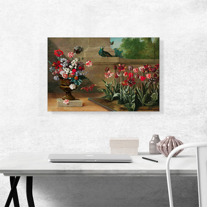 Vase Of Flowers With a Bed Of Tulips a Parrot And Moths 1744