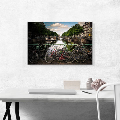 Bikes on a Bridge Canal of Amsterdam Netherlands