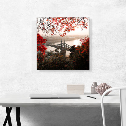 Liberty Bridge through Red Autumn Leaves Budapest Hungary Square