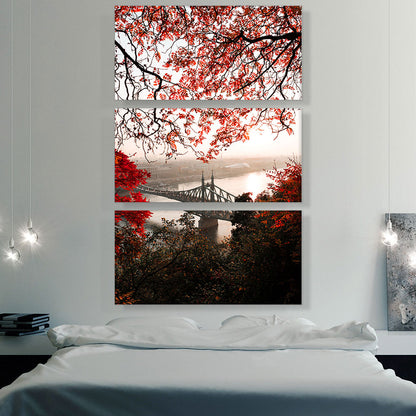 Liberty Bridge through Red Autumn Leaves Budapest Hungary